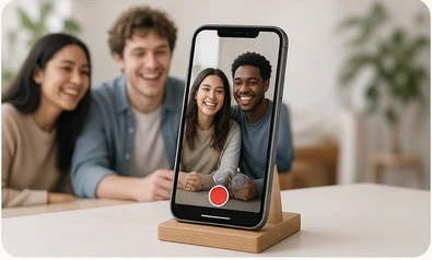 Phone propped up recording friends