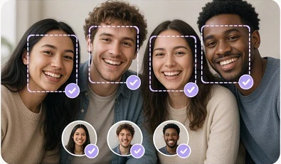 Friends in a group photo with facial recognition illustration